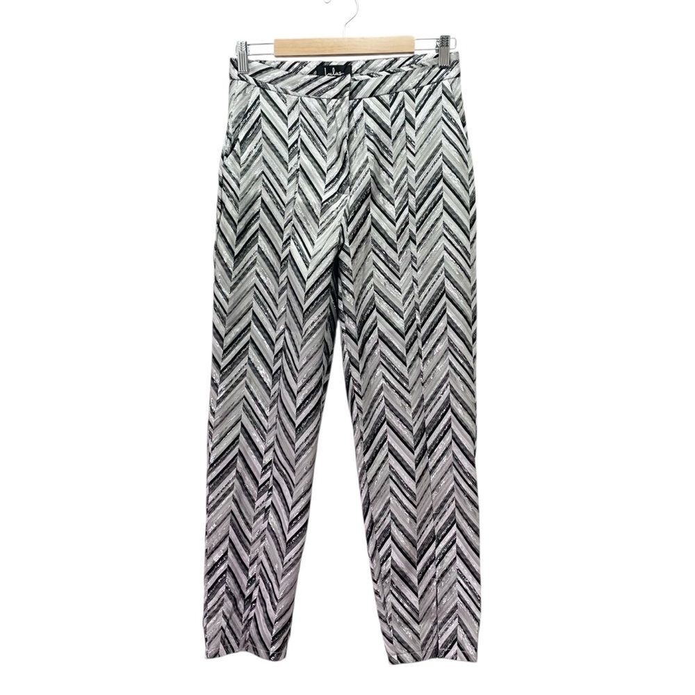 Lulus Creative Thinking Pants M Silver Black Metallic Chevron High Rise Ankle - Picture 2 of 16